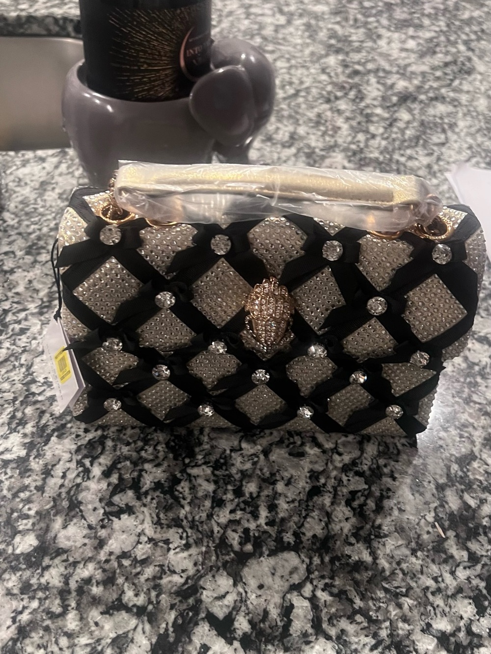 Kurt Geiger Black and Gold Jeweled Evening Clutch New with Tags